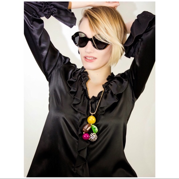 Tory Burch Tops - Tory Burch Black Silk Ruffle Long Sleeve Blouse 6